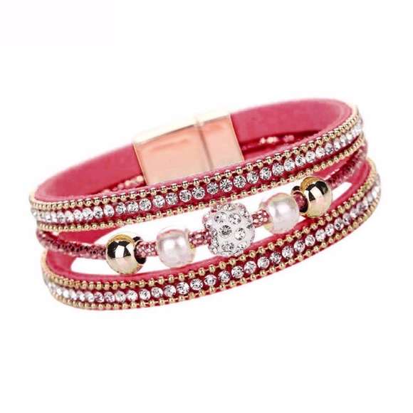 Pink Leather Crystal Studded Beaded Wrap Bracelet - Picture 2 of 3